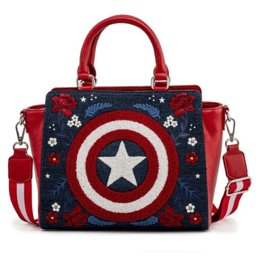 LOUNGEFLY MARVEL CAPTAIN AMERICA 80TH ANNIVERSARY FLORAL SHEILD TORBALoungefly